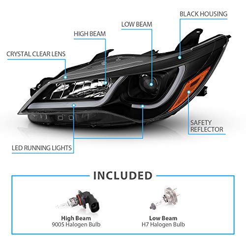 Amerilite Glow Led Tube Projector Halogen Headlights Assembly Pair For 2015-2017 Toyota Camry Sedan - Passenger And Driver Side, Vehicle Light Assembly, Black #TOP4