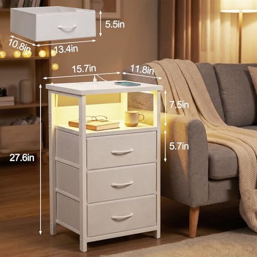 Image of Fixwal White Nightstand with Charging Station, LED Night Stand with 3 Fabric Drawers and Open Shelf, Bedside End Table in Bedroom