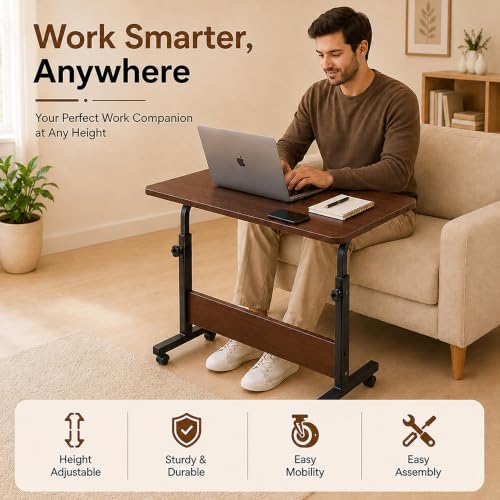 Image of Ant Esports BRAVO LT400 Multipurpose Height Adjustable Laptop Table with Wheels, Rolling Computer Desk, Portable Study Table,Home Office Desk,Mobile Workstation, Dark Walnut Top With Black Metal Frame