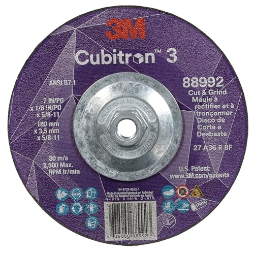 Image of 3M Cubitron 3 Cut and Grind Wheel, 88992, 36+, T27, 7 in x 1 /8 in x 5 /8 in-11, Pack of 10, ANSI, Longer Life, Faster Cut, Back-Gouging, Fillet Weld Removal, Cutting, Grinding