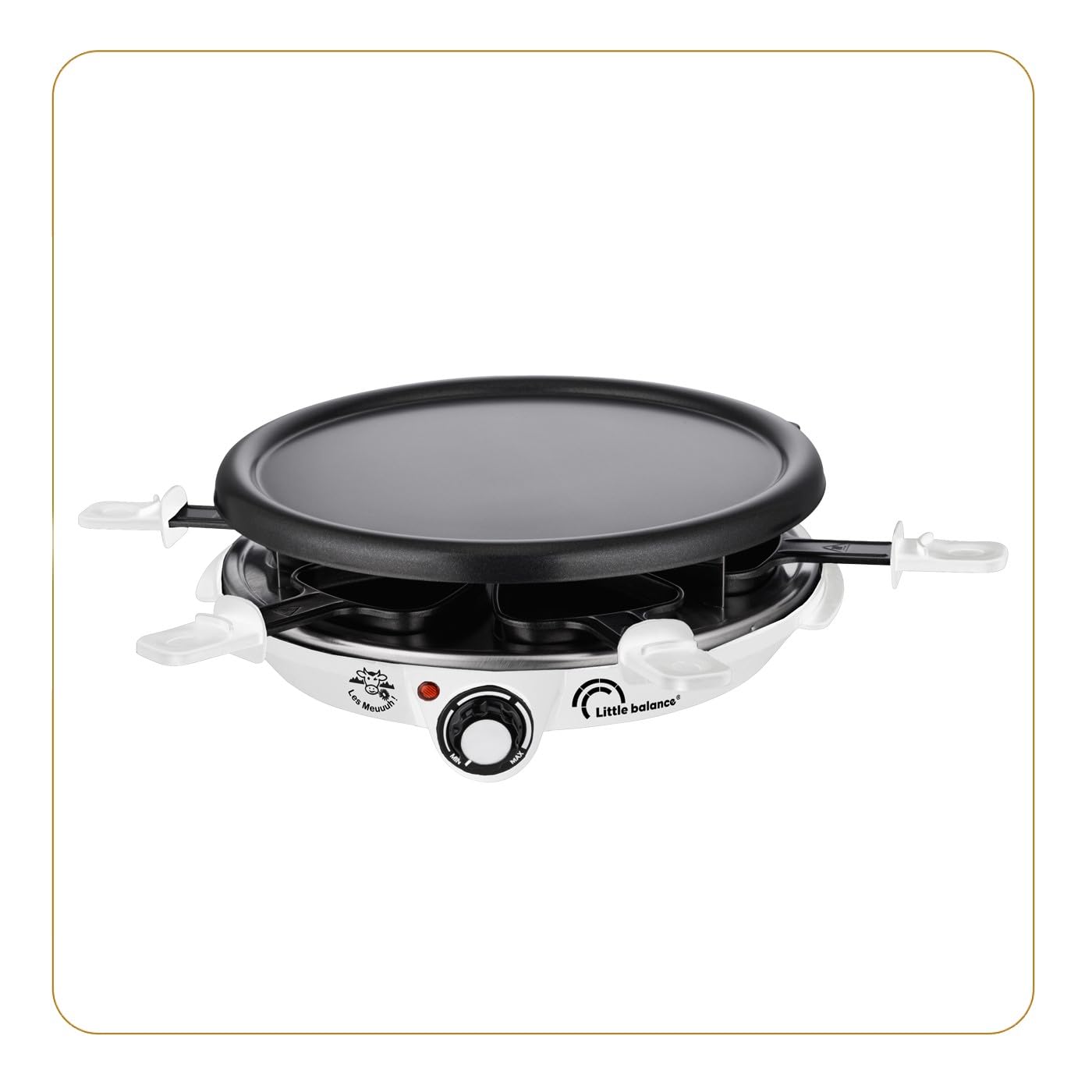 LITTLE BALANCE 8748 Cheese & Crêpes Meuuuh...!, Raclette Grill Crêpière, 3 en 1, 6 spatules bois, Sans PFAS, 6 personnes, 1200 W, Blanc