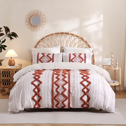Image of Herside 100% Cotton Boho Duvet Cover Set King Size,Shabby Chic Aztec Western Brick Red Tufted Bedding,Farmhouse Luxury 3 Piece Textured Quilt Duvet Set for All Season Home Decor