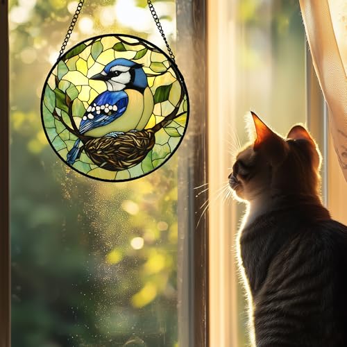 Image of DASTOLL Stained Glass Window Hanging 4 Pcs Set Bird Theme On Branch Large 11.8 inch - Cardinal Suncatcher Door Garden Sun Catcher Decor Birthday Christmas for Mom Woman Nana Men