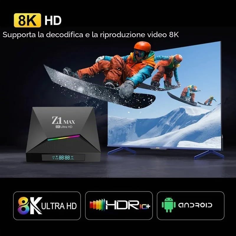 Z1 MAX Ultra HD Android TV Box – Android 15, 4G, Allwinner H618, 8GB 128GB, 8K 4K UHD, WiFi Dual 5G/2.4G, Bluetooth 5.0, Telecomando Vocale