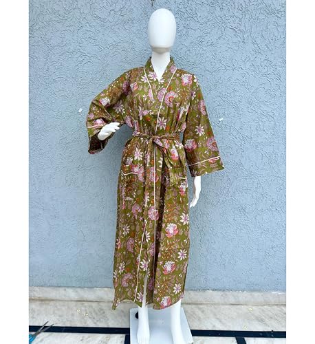 Image of Hand block print Cotton Kimono bikini cover up,Indian Hand block print Cotton Bath Robe,Swim Wear,Nighrwere Dressing Gown