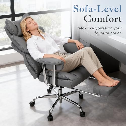 Image of DUMOS Big and Tall Office Chair 400 LBS, Scratch-Resistant PU Leather Executive Office Desk Chair with Footrest, Ergonomic Reclining Computer Chairs with Pocket Spring Support, Grey