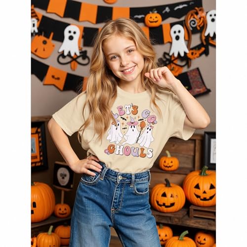 Kids Girls Halloween Shirt Lets Go Ghouls T-Shirt Cute Ghost Graphic Tee Floral Bats Print Spooky Season Tops2
