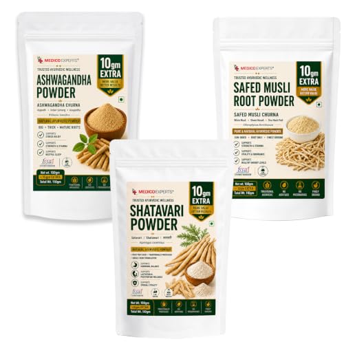 Image of Ashwagandha Shatavari Safed Musli Root Powder Combo | 110g Each (3 Pouches) | Pure & Natural Ayurvedic Herb Powder | No Additives, No Fillers | 330g Total