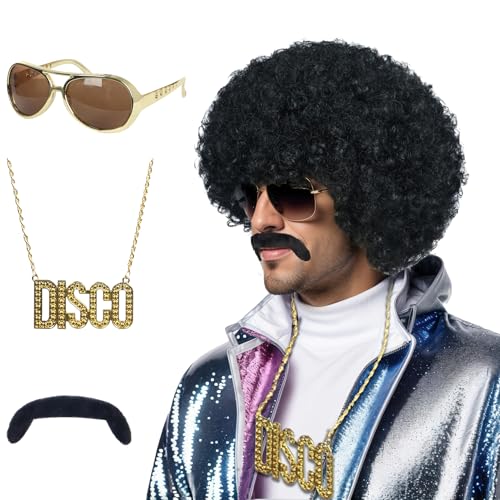 Yuehong Kurze Schwarze Lockige Fluffige 70er 80er Jahre Afro Perücke Disco Rocker Perücke Hitzebeständige Synthetische Fasern Langlebige Atmungsaktive für Unisex mit Schnart Halskette und Brille