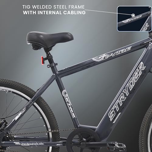 Image of Stryder E-Vibe 27T Electric Cycle for Men & Women (5.2-6 Ft) | 250W BLDC Motor | 36V 8.7Ah Li-ion Battery | Dual Disc Brakes | Front Suspension | USB Charging | Password Display | E-Bike (Grey)