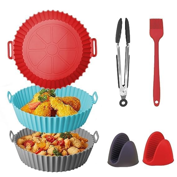 VALTUJA Air Fryer Silicone Liners:3 PCS Reusable Airfryer Silicone Pot - Food Grade Air Fryer Liners 8.5 inch Easy Cleaning Silicone Air Fryer Baking Tray with Brush and thonegs-image-18