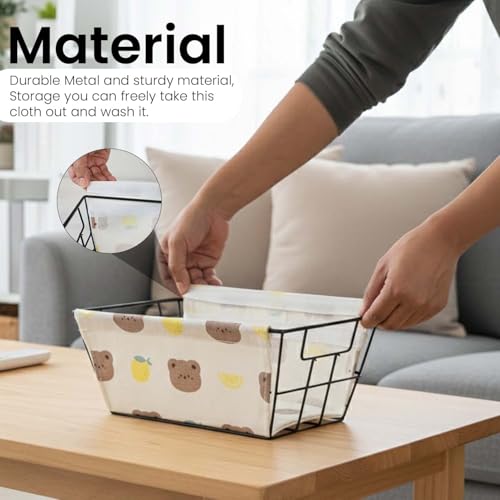 Image of Go Hooked Metal Storage Basket with Removable Fabric Liner | Cute Bear Print Multi-Purpose Organizer for Home, Bathroom, Tabletop | Decorative Wire Basket for Fruits, Toys, Snacks & Home Storage