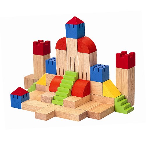 Image of PlanToys 46 Piece Creative Blocks Wooden Building and Construction Set with 11 Different Shaped Blocks (5527) | Sustainably Made from Rubberwood and Non-Toxic Paints and Dyes