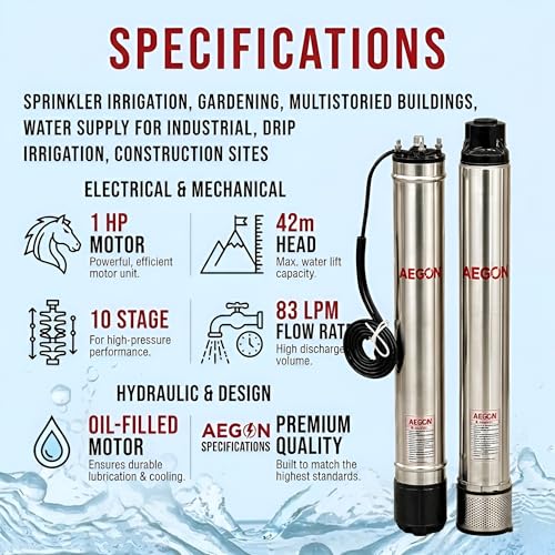 Image of AEGON HydroMax 1 HP Borewell Submersible Pump | 10 Stage Oil Filled Motor | 4 Inch Deep Well Water Pump | 42m Head, 83 LPM Flow | Copper Winding | For Home, Agriculture & Irrigation