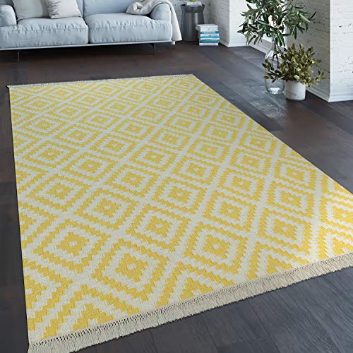 Paco Home Tessuto A Mano Trendy Tappeto Moderno Design Marocchino Frange In Bianco Giallo, Dimensione:80x150 cm