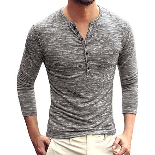 Men's Casual Slim Fit Henley Shirts V Neck Basic Long Sleeve Henley Button Front Classic Henley T-Shirts Grey