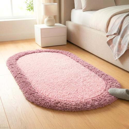 Image of Shaggy Runner, Polyester Rug, Hallway Carpet, Bedside Runner, Plush Area Rug, high Pile Rug, 2 inch Pile, Fluffy Floor mat. - (2x3 feet, Pink /Blush, Oval)