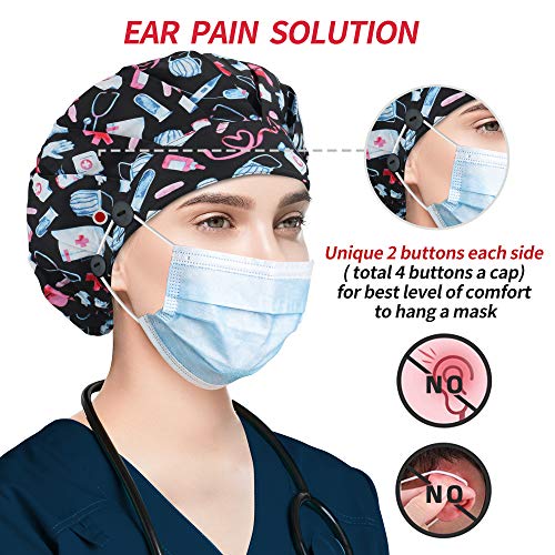 Image of Bouffant Caps with Button and Sweatband, Adjustable Scrub Caps for Women Men, One Size Multi Color