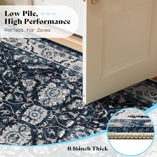Image of AMERLIFE 5'x8' Wilton Collection Area Rug, Durable Low Pile Non-Slip Washable Rug for High Traffic Areas, Distressed Vine Pattern Vintage Rug for Living Room, Bedroom, Dining Room, Blue /White
