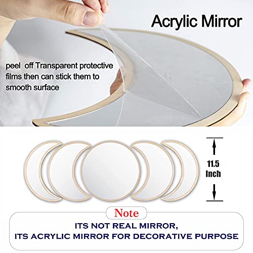 Wood 5 Pieces Moon Phase Acrylic Mirror Set For Wall Decoration, Home, Office, Restaurant, Bar (Beige, Unframed, Round)