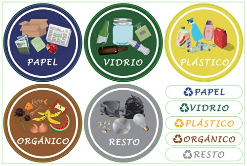 Pegatinas para el Reciclaje,6 Etiquetes Adhesives per al Reciclatge d'Escombraries, Adhesius per a la gestió de residus,Cadascuna diámetro 9.8cm,Texto en Españo Cover