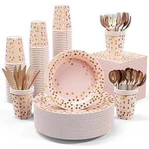 Pink and Gold Party Supplies – 350 PCS Disposable Dinnerware Set – Pink Paper Plates Napkins Cups, Gold Plastic Forks Knives Spoon for Graduation, Birthday, Cocktail Party
