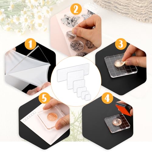 Thinp 6 Pcs Acrylic Stamp Block Set With Grid for Clear Stamps, Decorative Square Display Props for DIY Scrapbooking