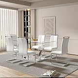 LIKUHLI Esszimmerstuhl-Esstischset aus Glas für 6-7-teiliges Esstischset, moderner Küchentisch und Stühle für 6 Personen, Esstisch mit Platte aus gehärtetem Glas und Stühle mit Pu-L