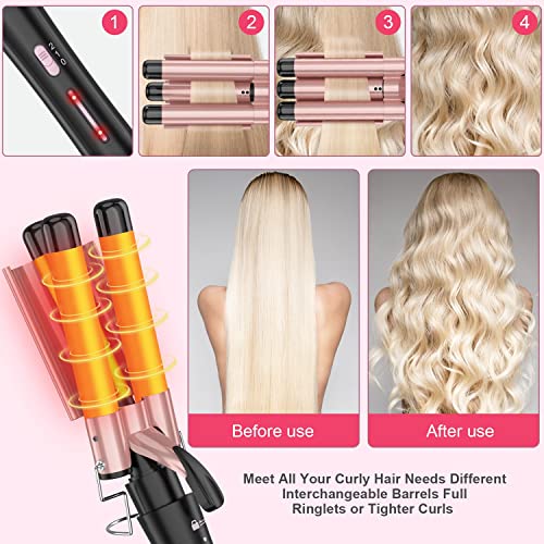 Image of Curling Wand Set, Curling Iron Interchangeable 3 Barrel Wand Curler with Ceramic Tourmaline Professional 5 in 1 Wand Curling Iron,for Women with Curler and Waver