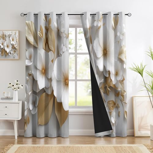 Opacas Blanco Dorado - Paneles de Cortina de Ventana Opacas Elegante Floral Lujoso Sofisticado Window Cortinas con temática 140An x 160Al cm (2 Paneles) Reductores de Sonido y Calor Cortinas