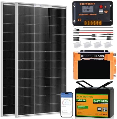 ECO-WORTHY 200 Watt 12V Complete Solar Panel Starter Kit for RV Off Grid with Battery and Inverter: 2pcs 100W Solar Panel + 30A Charge Controller + 100Ah Lithium Battery + 1100W Premium Solar Inverter