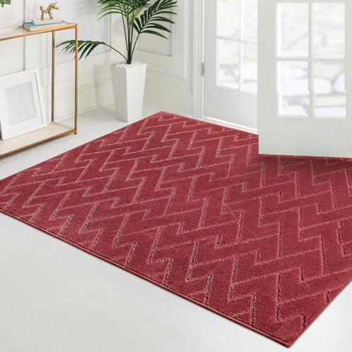 PURRUGS Easy Care Area Rug 4ft x 6ft, Non-Slip Machine Washable Entry Rug, Dog Door Mat, Stain Resistant Accent Rug for Hallway, Bedroom, Living Room and Mudroom, Cherry Red