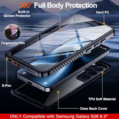 Lanteso Designed for Waterproof Samsung Galaxy S26 Case, Built-in Camera & Screen Protector [IP68 Waterproof] [Military Drop Proof] Protective Phone Cover for Galaxy S26, Black/Clear by Lanteso - Used condition - Image 5