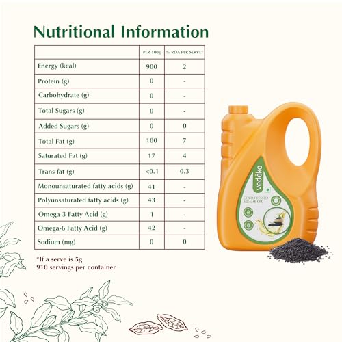 Image of Amazon Brand - Vedaka Cold Pressed Sesame Oil | 5 L Bottle | Gingelly Oil | Cheku /Ghani Oil | 100% Pure, Unrefined | Contains MUFA & Omega-6 PUFA | Contains Natural Antioxidants Lignans & Tocopherols