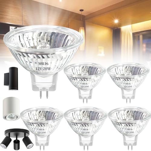 Benaton 6 Piezas MR16 Halogena Reflector, Bombillas Halógenas GU5.3 12V 20W Regulable, GU5.3 Bombilla Foco Regulable Blanco Cálido 2700K, Ahorro de Energía Halógena MR16