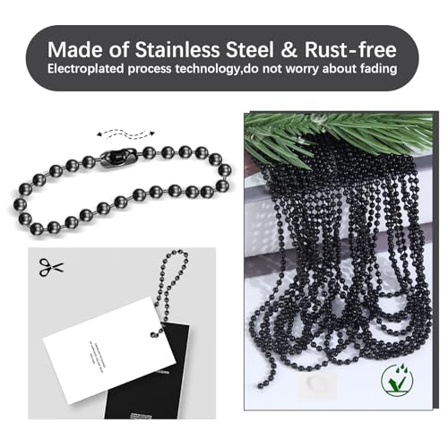 Image of 33ft Black Stainless Steel Ball Chain, 2.4mm Beaded String with 30Pcs Connectors for Necklace Bracelets Jewelry Making Dog Tag Mens Military Keychain DIY Craft