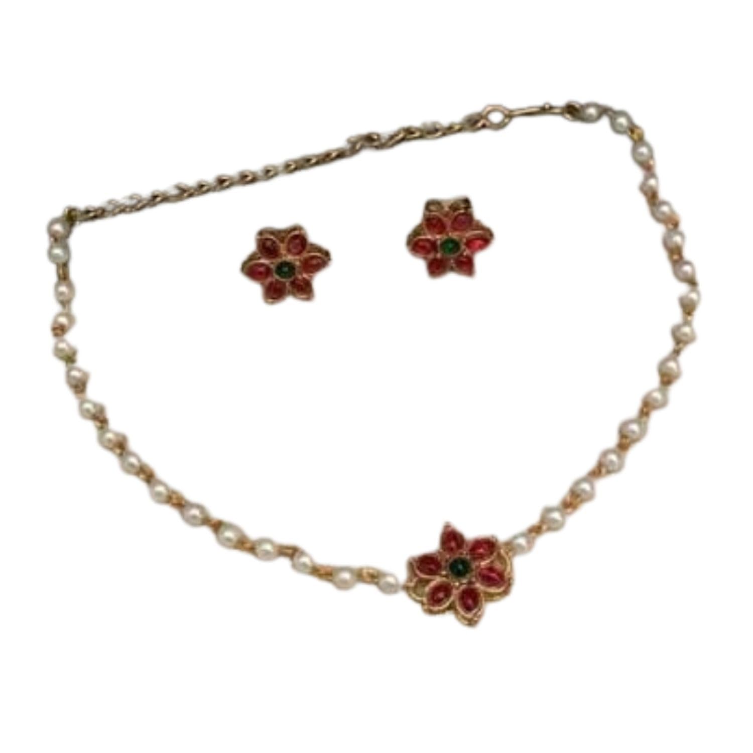 Floral Pendant Necklace and Earrings Set for Women Pearl Beaded Chain with Red Crystal Flower-image-19