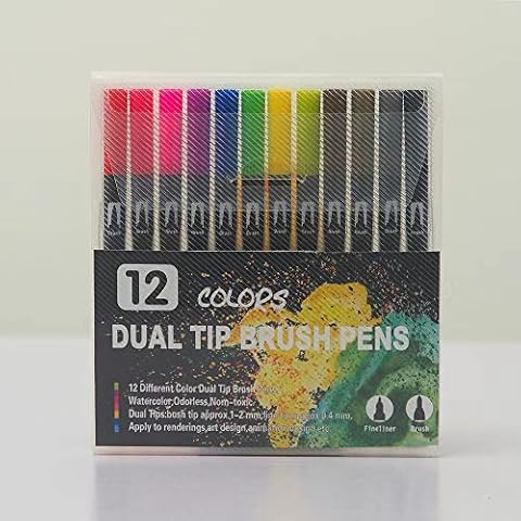 AKARUED Dual Tip Brush Pens: Felt Tip Pen Set 12 Colors Colouring Pens Art Markers for Kids and Adults Colouring Book, Art Supplies Fineliner Tip Brush Marker for Drawing Sketching Cover