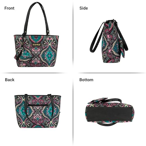 Image of Storite Women's Tote Bag With Leather Handles & Embroidery Printed bag With Zip Pockets, Shoulder Tote Bag And Handbag For Office And College