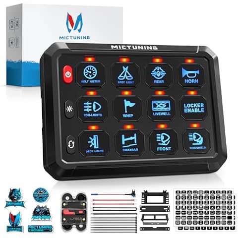 MICTUNING 12 Gang Switch Panel P1S-B12 Blue 80Amp 960/1920W Toggle/Touch ON-Off Momentary Circuit Control Relay Box for Camper RV ATV SUV UTV Truck Car Marine, 2 Years Warranty Cover