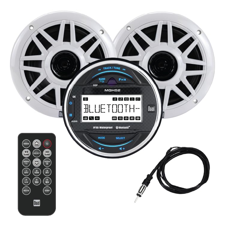 Image of Dual Electronics MXPGH52 Gauge Hole Marine Stereo IPX6 with 6.5 inch Speakers | IPX6 waterproof rating, two 6.5 inch marine speakers, wireless remote & antenna included, Bluetooth, complete gauge-mount kit