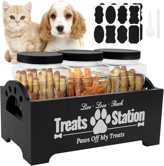 Dog Treat Container Set Wood Pet Food Storage Container with 3 Airtight Plastic Jars Stickers Pen and Scoop Farmhouse Decorative Dog Snack Organizer for Dogs Cats Small Animal (Black)
