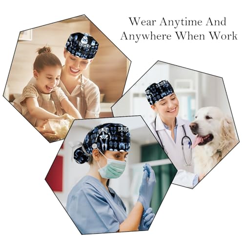 Image of 2 PCS Bouffant Cap with Button Ponytail Pouch Working Cap Sweatband Adjustable Surgical Cap Black and White Cow