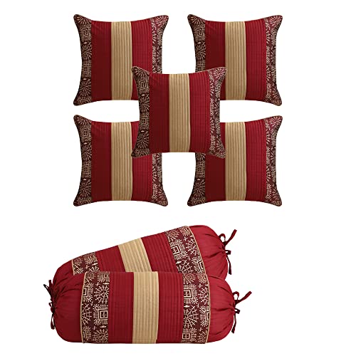 Image of Gifts Island Combo Silk Traditional Striped & Rajasthani Warli Golden Hand Printed Pillow Cushion Covers 16x16 inches Set of 5 & Round Pillow Bolster Covers Set of 2 16x32 inches (Dark Maroon)