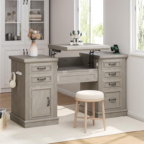 Jocoevol Farmhouse 57' Lift Up Executive Desk with 5 Drawers and Charging Station, Wood Home Office Computer Desk with File Cabinet Storage, Keyboard Tray,Headphone Hook for Work,Study (Grey)
