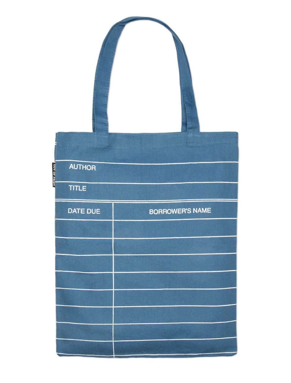 Out of Print Library Card Blue Tote Bag with Inner Pocket - Gift for Book Lovers