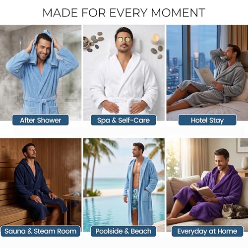 Image of PJGGZ Men's Bathrobes with Hood, Soft Long Towel Robe for Men - Super Absorbent Quick Dry yet Warm