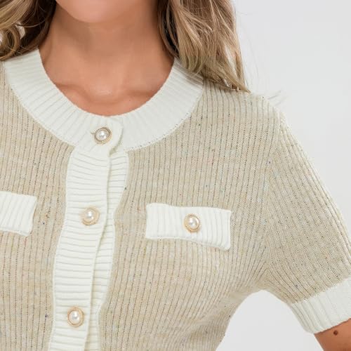 Image of Womens Short Sleeve Button Down Cardigans Sweater Cropped Lightweight Crew Neck Elegant Knit Tops with Pockets