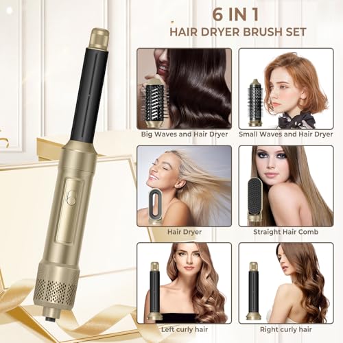 Image of 6 in ONE Blow Dryer Brush,Air Curling Iron Round Brush Blow Dryer 800W,Ionic Hair Dryer Brush for Women, Hot Air Brush Hair Styling Tools 100-120V