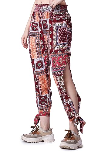 Image of POPWINGS Casual Boho Printed Side Long Slit Trousers for Women || Summer Wear Comfortable Pull-On Women Trousers || Western Relax-Fit Slit Trousers || Stylish Women Casual Trousers